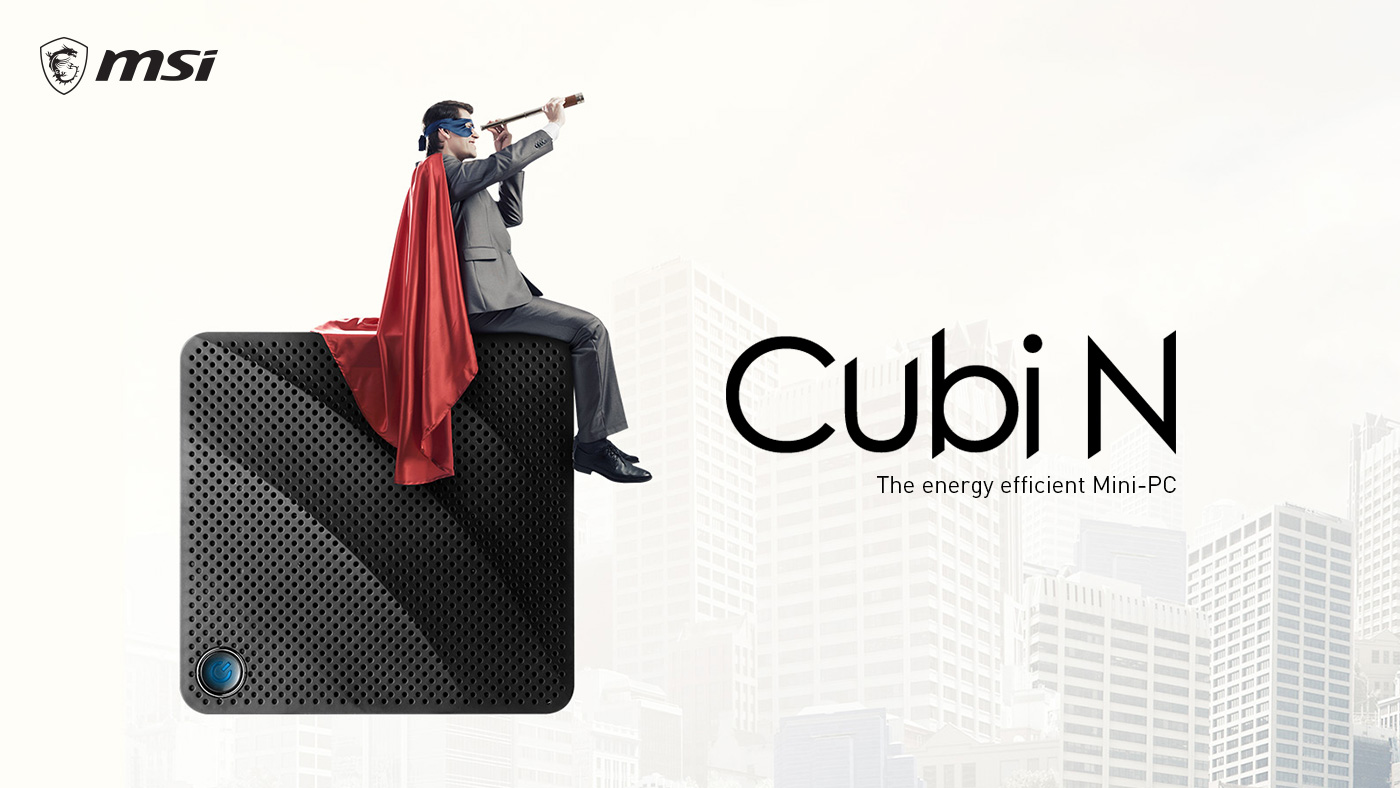 Hero Image: Front View of Cubi N. A man is sitting on it and looking into the distance. The text on the right says: Cubi N: The energy efficient Mini-PC