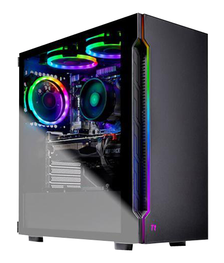 The desktop is tilted slightly to the right to show the front with LED strip and the side with three RGB fans inside