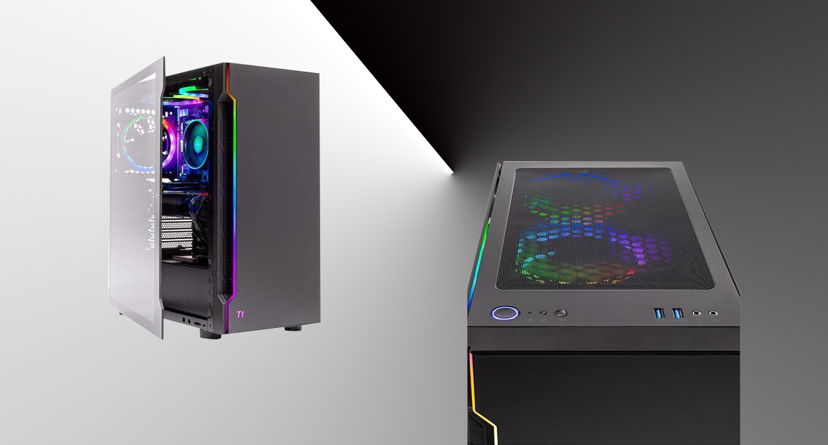 Two desktops with one shows the front and left side and the other shows the top panel all diplay fantastic RGB lighting