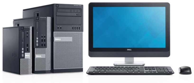 Three OptiPlex 9020s side by side, from left to right: Ultra Small Form Factor, Small Form Factor, and Minitower. Next to them on the right are a monitor, a wireless keyboard and a wireless mouse
