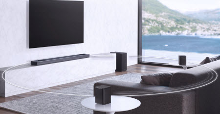 LG SL9YG sound bar with two additional speakers in a living room