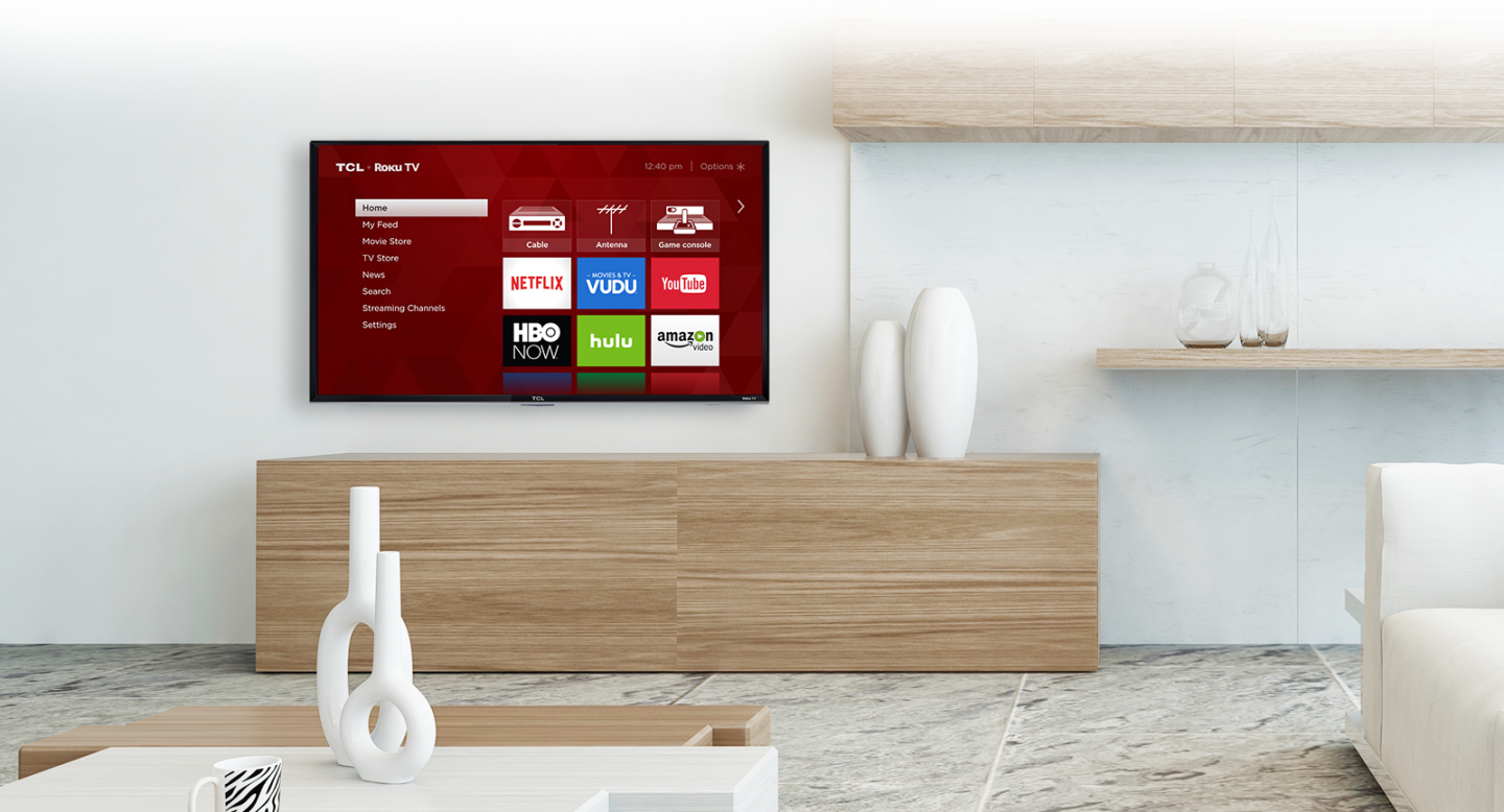 Mounted TCL Display in a Modern, Light-Wood Furniture, Tiled-Floor Living Room
