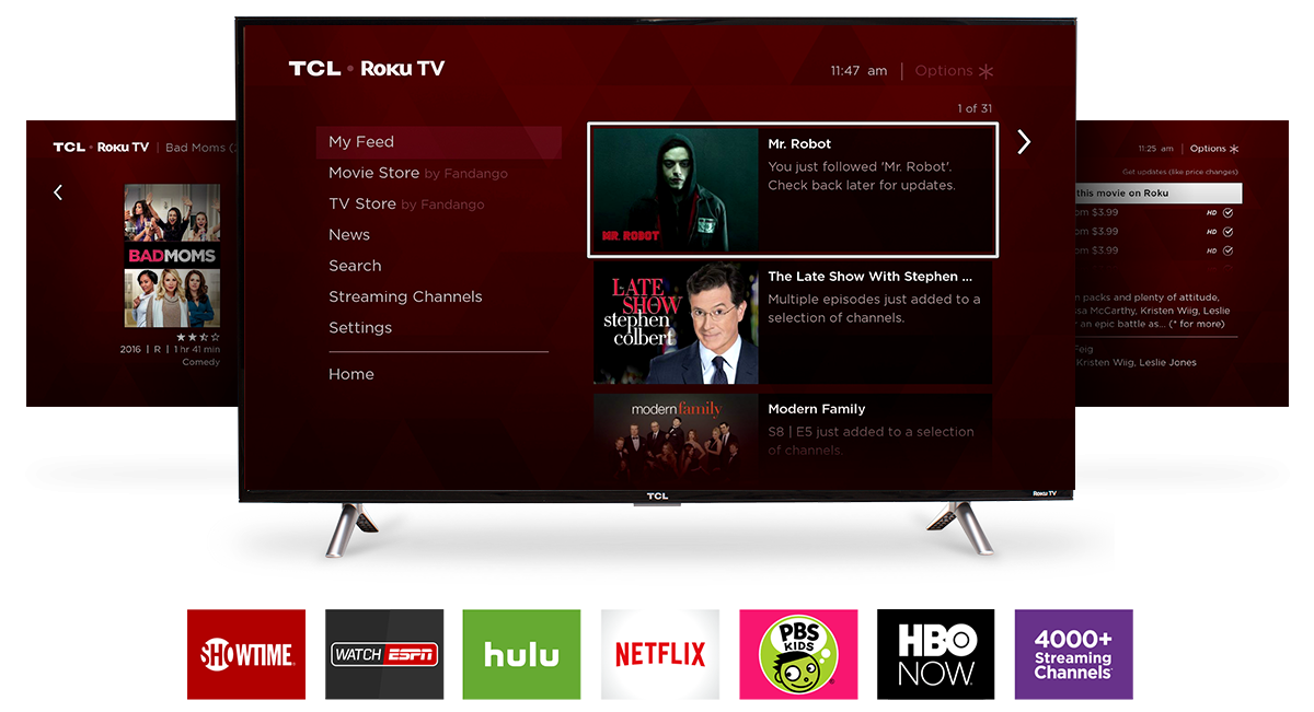 TCL Display Screen Showing Different Settings and Feed Selections on the Roku TV Home Screen. Below the displays are logos for Showtime, Watch ESPN, Hulu, Netflix, PBS Kids, HBO Now and 4,000+ Streaming Channels