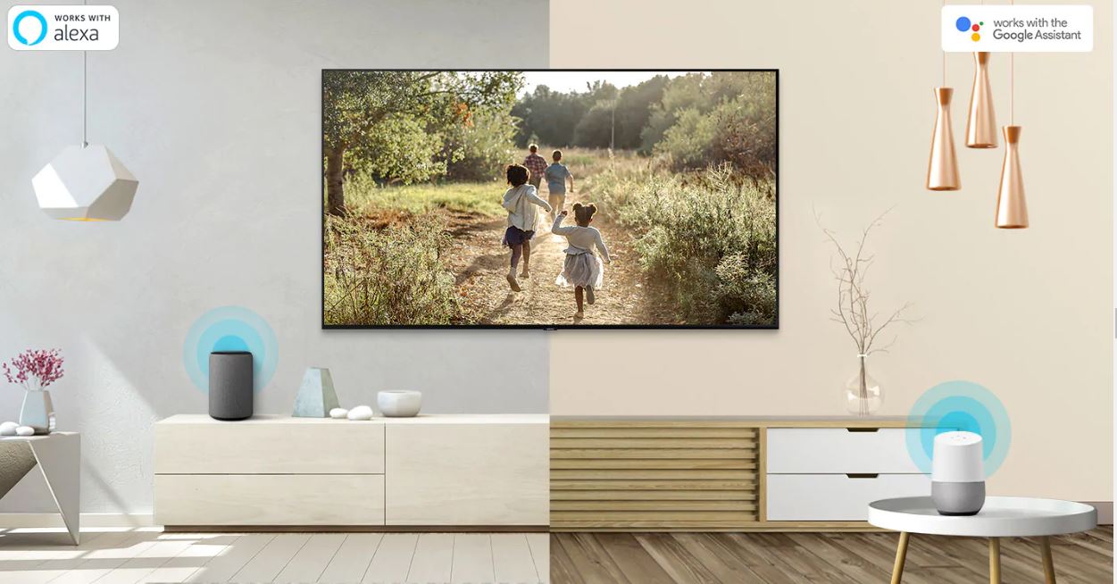 Split image of a Samsung Q70R display mounted on two home's walls, the left home has an Amazon Alexa and the right home has Google Home Assistant