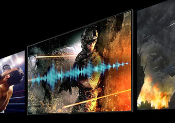 Three Samsung Q70R displays showing different forms of media entertainment