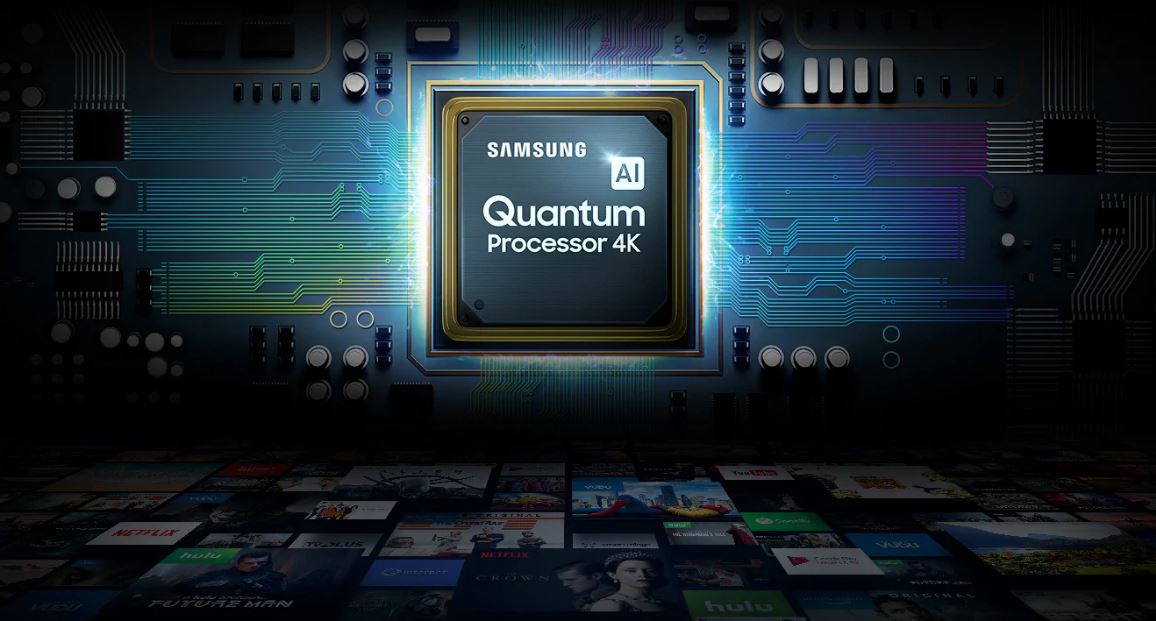 Samsung Quantum Processor 4K AI graphic on circuitry over dozens of entertainment title cards