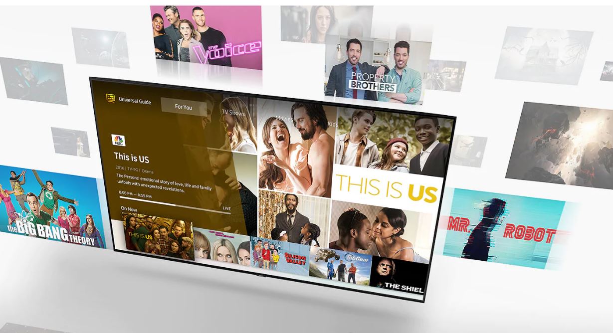 Samsung Q70R display with the show This Is Us on screen and other show's title cards floating behind the TV