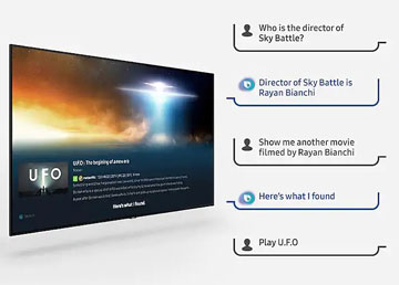 Samsung Q70R display showing the UFO show title card and info next to text bubbles showing how a user can ask for information from Bixby