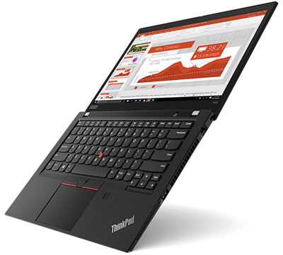 Front right side angle view of the ThinkPad T490, with screen fully opened flat