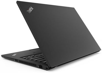 Backside of Lenovo ThinkPad T490 opening 80 degrees.