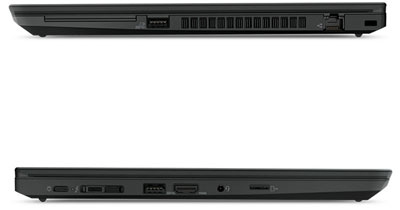 left and right side views of two closed ThinkPad T490, showing ports and slots on sides
