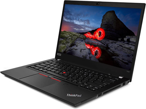Front right side angle view of an opened ThinkPad T490, with screen showing rock under dawn sky