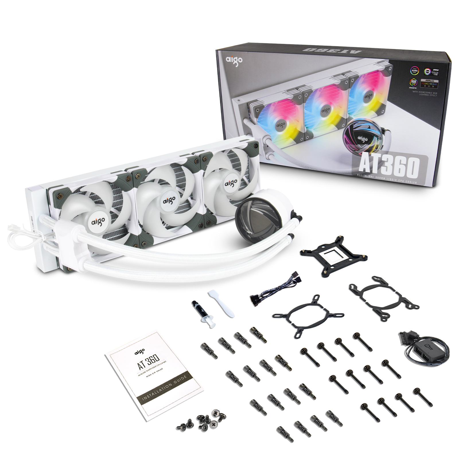 aigo AT360 white water cooling system cpu liquid cooler AIO All-In-One radiator 120mm ARGB AURA SYNC