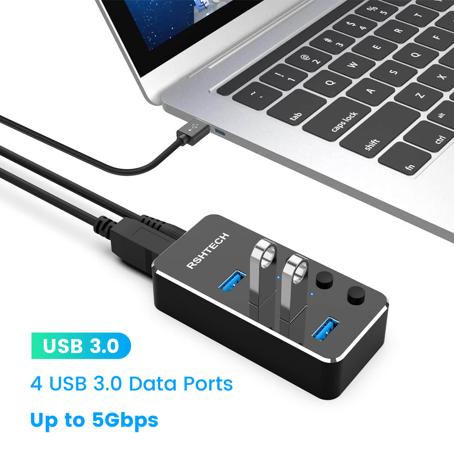 Powered USB C Hub RSHTECH Aluminum USB C To 4 USB 3 0 Super Speed Data