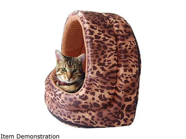 PAW Furry Leopard Print Canopy Pet Bed Cave for Cats