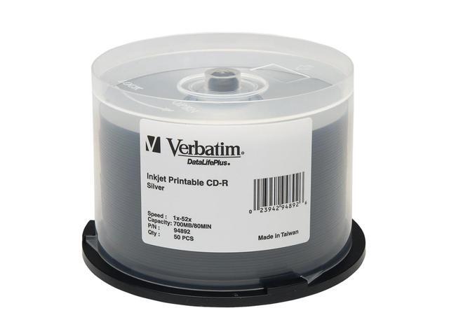 Verbatim 700MB 52X CD-R Inkjet Printable 50 Packs DatalifePlus Silver Disc Model 94892