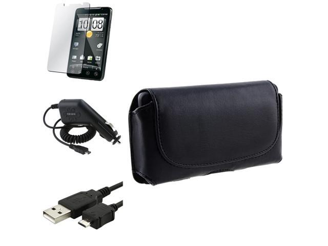 Insten Leather Pouch Case+Car Charger+Film+USB For HTC EVO 4G