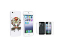 Insten White w/ Colorful Flower Badge Rubber Hard Case + [2-LCD Kit] Front & Back Reusable Screen Protector Compatible with Apple iPhone 5