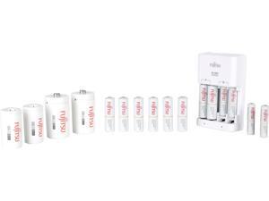FUJITSU AA / AAA Ni-MH Battery Charger Kit with 8-Pack AA 1900mAh and 4-Pack AAA 750mAh Rechargeable Batteries, 2 D Size and 2 C Size Spacers FUJITSU AA / AAA Ni-MH Battery Charger Kit with 8-Pack AA 1900mAh and 4-Pack AAA 750mAh Rechargeable Batteries, 2 D Size and 2 C Size Spacers