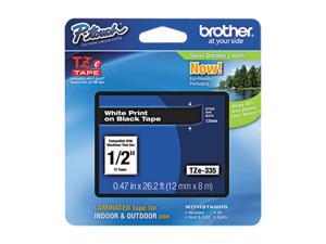 Brother TZE335 TZe Standard Adhesive Laminated Labeling Tape, 1/2w, White on Black Brother TZE335 TZe Standard Adhesive Laminated Labeling Tape, 1/2w, White on Black