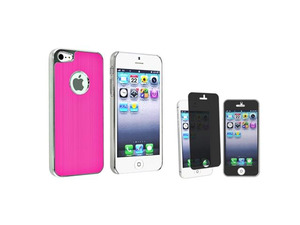 Insten Hot Pink Brushed Chrome Aluminum Rear Snap-on Case + Privacy Screen Cover compatible with Apple iPhone 5