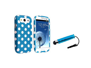 Insten Light Blue / White Polka Dots Snap on Case + Stylus Pen Compatible With Samsung Galaxy SIII / S3