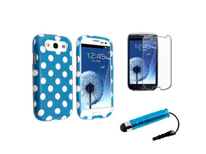 Insten Light Blue / White Polka Dots Snap on Case + LCD Cover + Stylus Pen Compatible With Samsung Galaxy SIII / S3