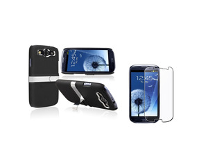 Insten Black/ Silver Snap-on Rubber Coated Case with Stand + Reusable Screen Protector compatible with Samsung Galaxy SIII ...