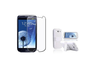 Insten white/white Meshed Hybrid Case + Reusable Screen Protector compatible with Samsung Galaxy SIII / S3