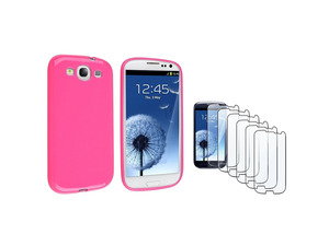 Insten Hot Pink jelly TPU Rubber Case + 6-piece Screen Protector compatible with Samsung Galaxy SIII / S3