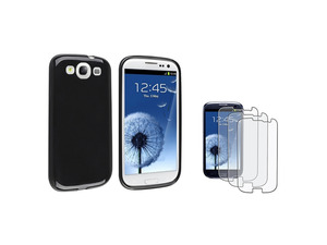 Insten Black jelly TPU Rubber Case + 3-Pack Anti-Glare Screen Protector compatible with Samsung Galaxy SIII / S3