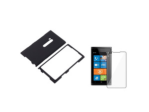 Insten Black Rubber Coated Case + Reusable Screen Protector for Nokia Lumia 900
