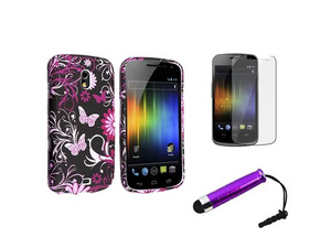 Insten Purple Flower Butterfly Rubberized Case + Clear Reusable Screen Protector + Stylus Pen compatible with Samsung Galaxy ...