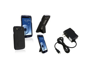 Insten Black Snap on Stand Rubber Hard Case with Travel/Wall Charger Compatible With Samsung Galaxy SIII / S3