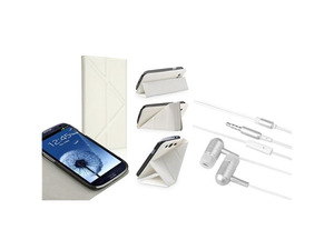 Insten White Foldable Stand Leather Flip Case + White In-ear (w/on-off) Stereo Headsets Compatible With Samsung Galaxy SIII ...