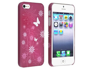 Insten Warm Red/ Flower Style Hard Rubber Case Cover + Anti-Glare LCD Screen Protector Compatible with Apple iPhone 5