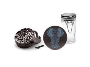 Gunmetal Grinder Aluminum + Glass Jar - UV Printed Blue Henna Line Art Elephant Gunmetal Grinder Aluminum + Glass Jar - UV Printed Blue Henna Line Art Elephant