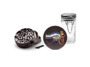Gunmetal Grinder Aluminum + Glass Jar - UV Printed Ancient Egyptian Eye of Horus Gunmetal Grinder Aluminum + Glass Jar - UV Printed Ancient Egyptian Eye of Horus