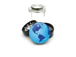 Black Grinder Aluminum + Glass Jar - UV Printed World Globe Blue Earth Black Grinder Aluminum + Glass Jar - UV Printed World Globe Blue Earth