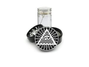 Laser Etched on Black Grinder Aluminum + Glass Jar Egyptian Triangle eye Laser Etched on Black Grinder Aluminum + Glass Jar Egyptian Triangle eye