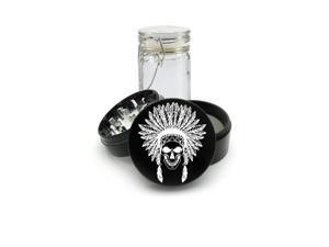 Laser Etched on Black Grinder Aluminum + Glass Jar Indian skull with feathers Laser Etched on Black Grinder Aluminum + Glass Jar Indian skull with feathers