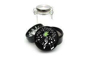 Black Grinder Aluminum + Glass Jar - UV Printed Music Sheet Notes Weed Leaf Black Grinder Aluminum + Glass Jar - UV Printed Music Sheet Notes Weed Leaf