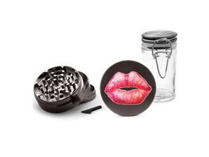 Gunmetal Grinder Aluminum + Glass Jar - UV Printed Sexy Red Lipstick Lips Kiss Gunmetal Grinder Aluminum + Glass Jar - UV Printed Sexy Red Lipstick Lips Kiss