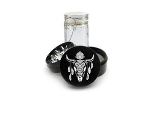 Laser Etched on Black Grinder Aluminum + Glass Jar Buffalo Skull Feathers Laser Etched on Black Grinder Aluminum + Glass Jar Buffalo Skull Feathers