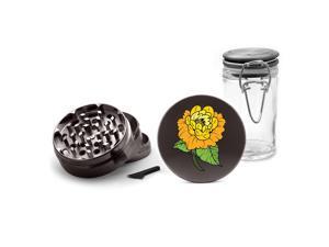 Gunmetal Grinder Aluminum + Glass Jar - UV Printed Orange Daisy Flower Gunmetal Grinder Aluminum + Glass Jar - UV Printed Orange Daisy Flower