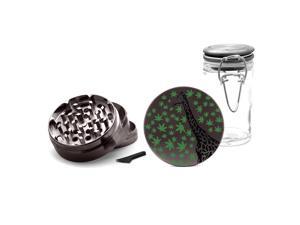 Gunmetal Grinder Aluminum + Glass Jar - UV Printed Black Giraffe Green Weed Leaves Gunmetal Grinder Aluminum + Glass Jar - UV Printed Black Giraffe Green Weed Leaves