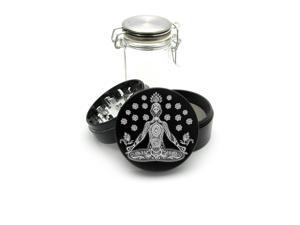 Black Grinder Aluminum + Glass Jar - Laser Engraved Meditation Buddha Om Lotus Black Grinder Aluminum + Glass Jar - Laser Engraved Meditation Buddha Om Lotus