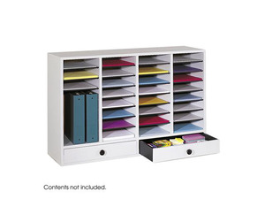Safco 9494GR Wood Adjustable Literature Organizer, 32 Compartment w. Drawer 39 1/4"w x 11 3/4"d x 25 1/4"h Gray