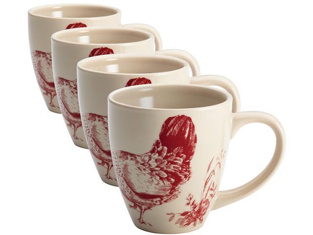Bonjour Dinnerware Chanticleer Country 4-Piece Stoneware Mug Set in Burgundy Red