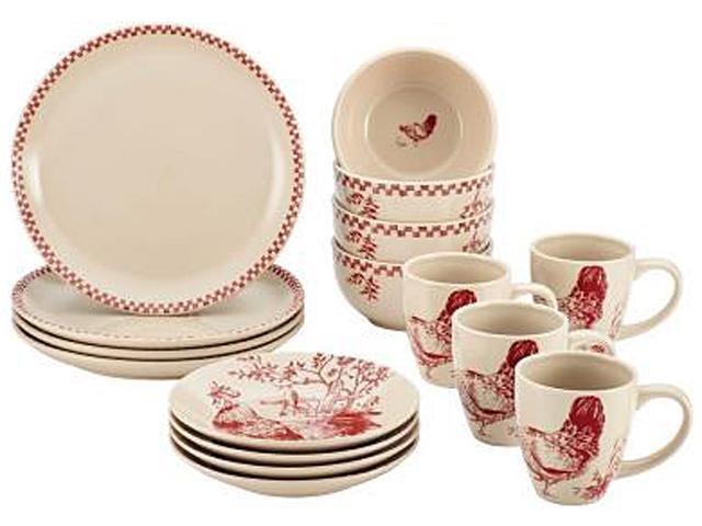 Rachael Ray Dinnerware Chanticleer Country 16-Piece Stoneware Dinnerware Set in Burgundy Red